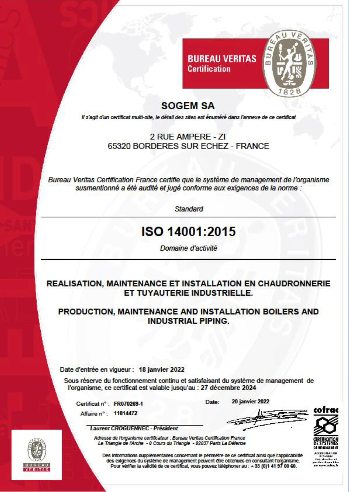 Certification Bureau Veritas Sogem ISO 14001-2015